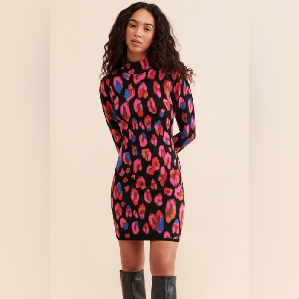Farm Rio Iridescent Leopards Fitted Sweater Dress in Black Sz. XS Sz. X-Small - Picture 3 of 16